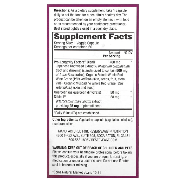 Reserveage Nutrition, Resveratrol with Pterostilbene , 500 mg, 60 Veggie Capsules