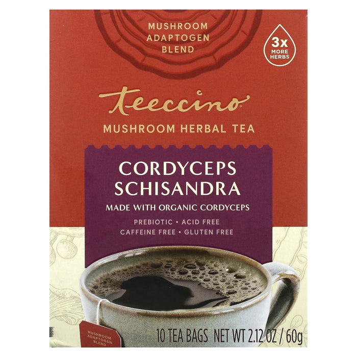 Teeccino, Mushroom Herbal Tea, Cordyceps Schisandra, Caffeine Free, 10 Tea Bags, 2.12 oz (60 g)