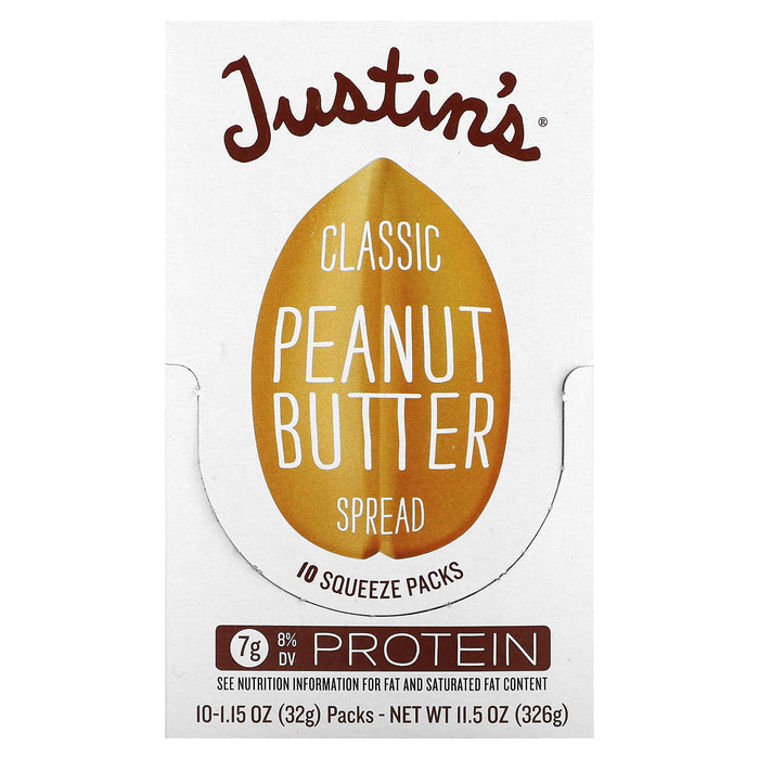 Justin's Nut Butter, Classic Peanut Butter Spread, 10 Squeeze Packs, 1.15 oz (32 g) Each