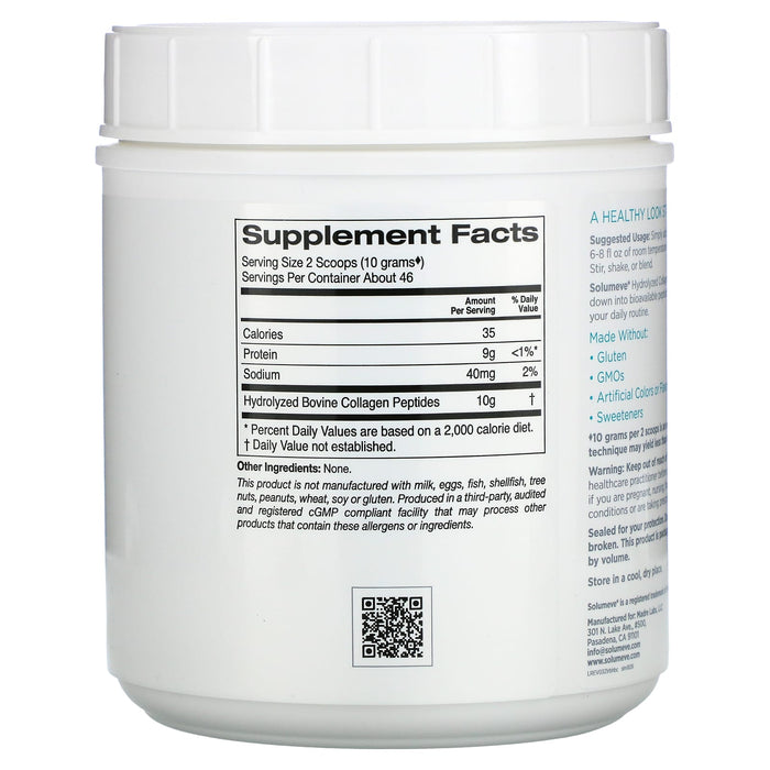 Solumeve, Hydrolyzed Collagen Peptides, Unflavored Powder, 16 oz (1 lb) 460 g