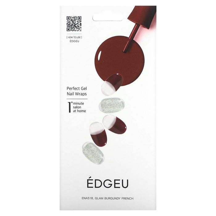 Edgeu, Perfect Gel Nail Wraps, ENA914, Glam Black French, 16 Piece Strips Set