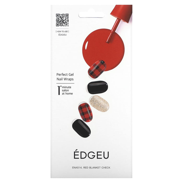 Edgeu, Perfect Gel Nail Wraps, ENA514, Red Blanket Check, 16 Piece Strips Set