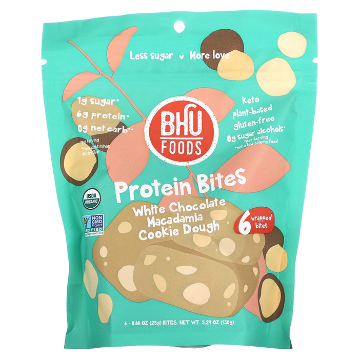 BHU Foods, Protein Bites, White Chocolate Macadamia Cookie Dough, 6 Bites, 0.88 oz (25 g) Each