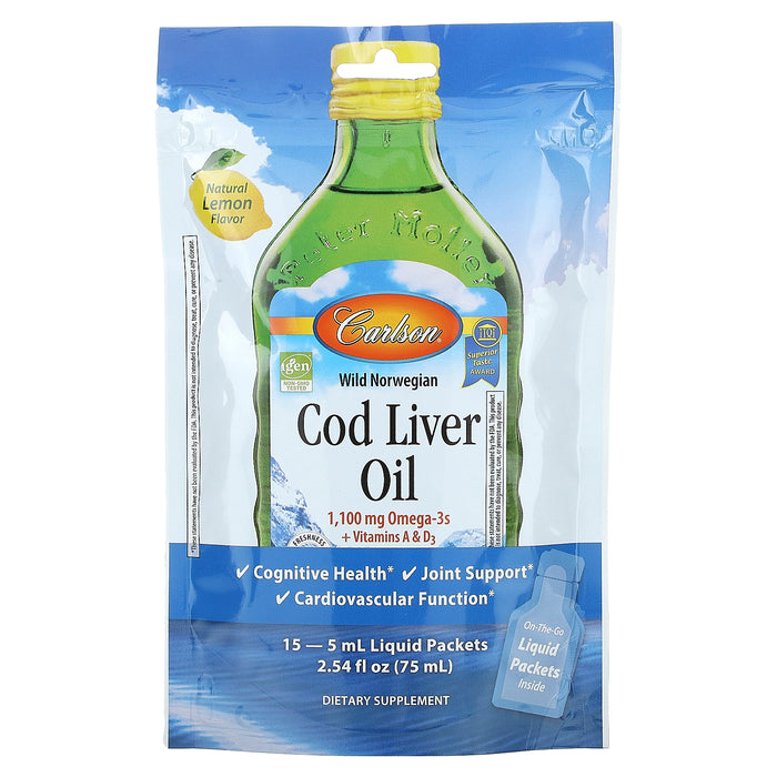 Carlson, Wild Norwegian Cod Liver Oil, Natural Lemon, 15 Liquid Packets, 0.17 fl oz (5 ml) Each