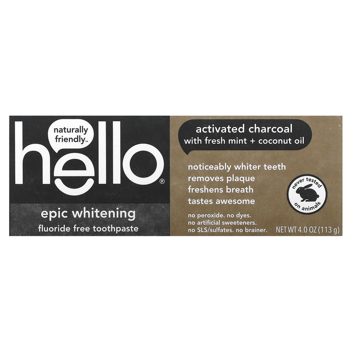 Hello, Epic Whitening Fluoride Free Toothpaste, Activated Charcoal, With Fresh Mint & Coconut Oil, 4 oz (113 g)