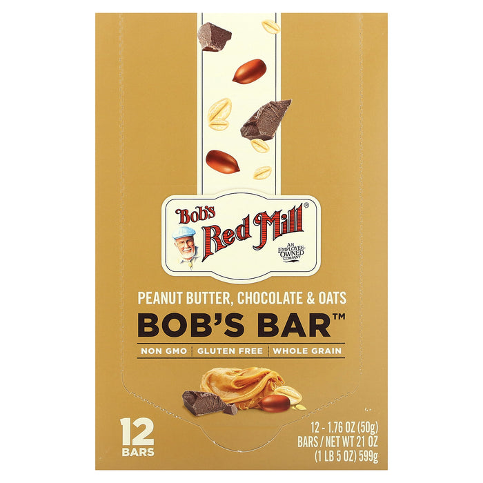 Bob's Red Mill, Bob's Bar, Peanut Butter, Chocolate & Oats, 12 Bars, 1.76 oz (50 g) Each