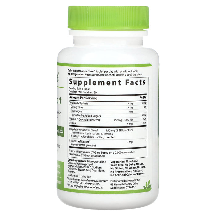 Hyperbiotics, Glucose Support, with Banaba Extract and Vitamin D3, 5 Billion CFU, 60 Patented, Time-Release Tablets