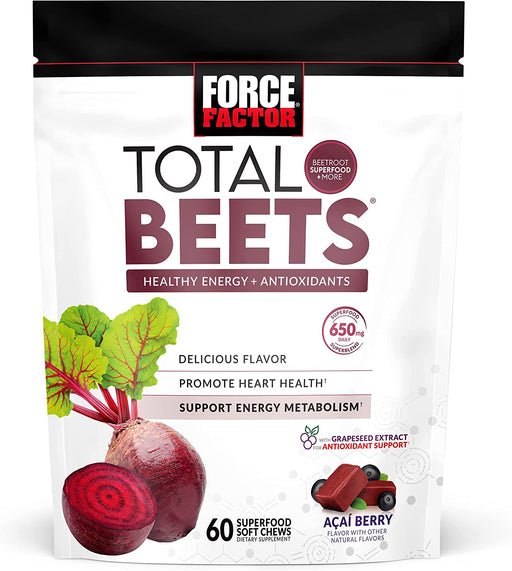 Force Factor Total Beets Soft Chews with Beetroot, Nitrates, L-Citrulline, Grapeseed Extract, and Antioxidants, Healthy Energy Supplement with Elite Ingredients, Heart Health Superfood, 60 Chews