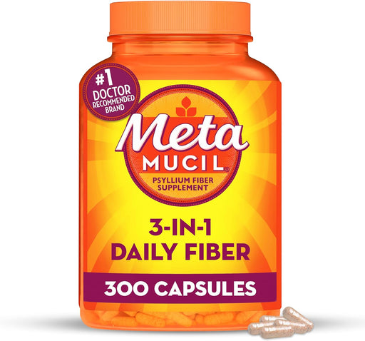 Metamucil 3-In-1 Fiber Capsules, Daily Fiber Supplement for Digestive Health, Plant-Based Psyllium Husk Fiber Capsules, #1 Doctor Recommended Fiber Brand, 300Ct Capsules