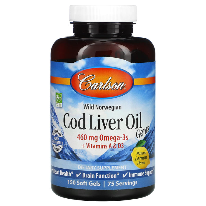 Carlson, Wild Norwegian, Cod Liver Oil Gems, Natural Lemon, 230 mg, 150 Soft Gels