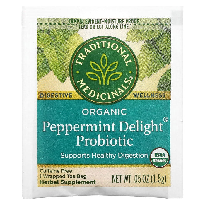 Traditional Medicinals, Organic Peppermint Delight Probiotic, Caffeine Free, 16 Wrapped Tea Bags, 0.05 oz (1.5 g) Each