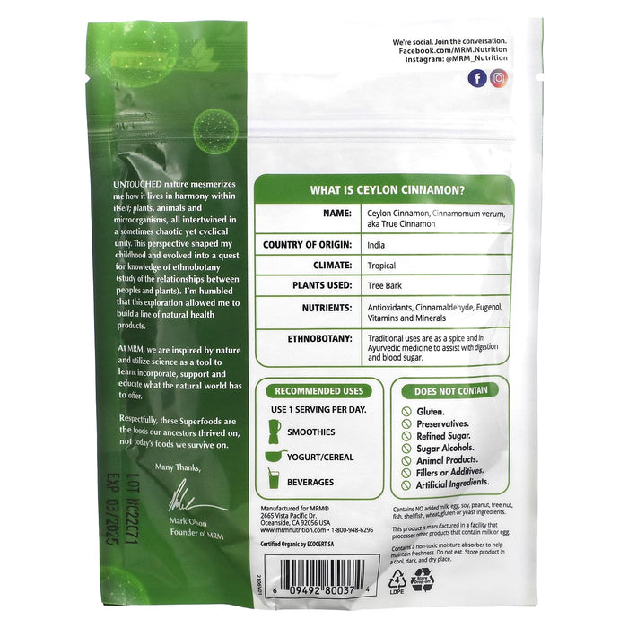 MRM Nutrition, Organic Ceylon Cinnamon Powder, 4 oz (113 g)