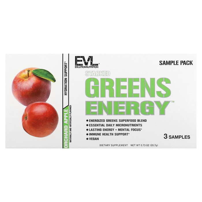 EVLution Nutrition, Stacked Greens Energy, Sample Pack, Orchard Apple, 3 Stickpacks, 0.2 oz (6.9 g) Each