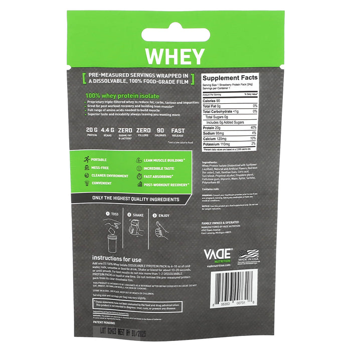 Vade Nutrition, Dissolvable Protein Packs, 100% Whey Isolate, Strawberry Milkshake, 0.05 lb (24 g)