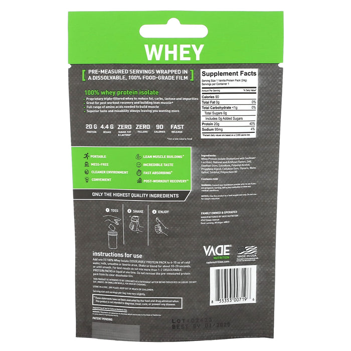 Vade Nutrition, Dissolvable Protein Packs, 100% Whey Isolate, Vanilla Milkshake, 0.05 lb (24 g)