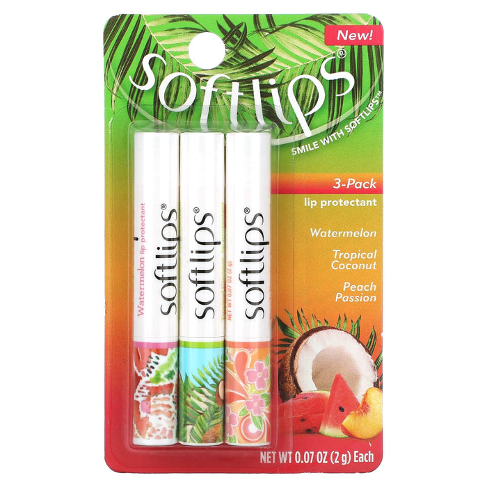 Softlips, Lip Protectant, Watermelon, Tropical Coconut, Peach Passion, 3 Pack, 0.07 oz (2 g) Each