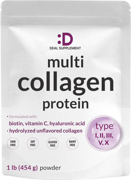 Multi Collagen Protein Powder,1Lb - Type I, II, III, V, X Collagen Peptides with Biotin 10000Mcg, Vitamin C & Hyaluronic Acid - Unflavored - Keto & Paleo Friendly, Great for Hair, Skin, Nails & Joints