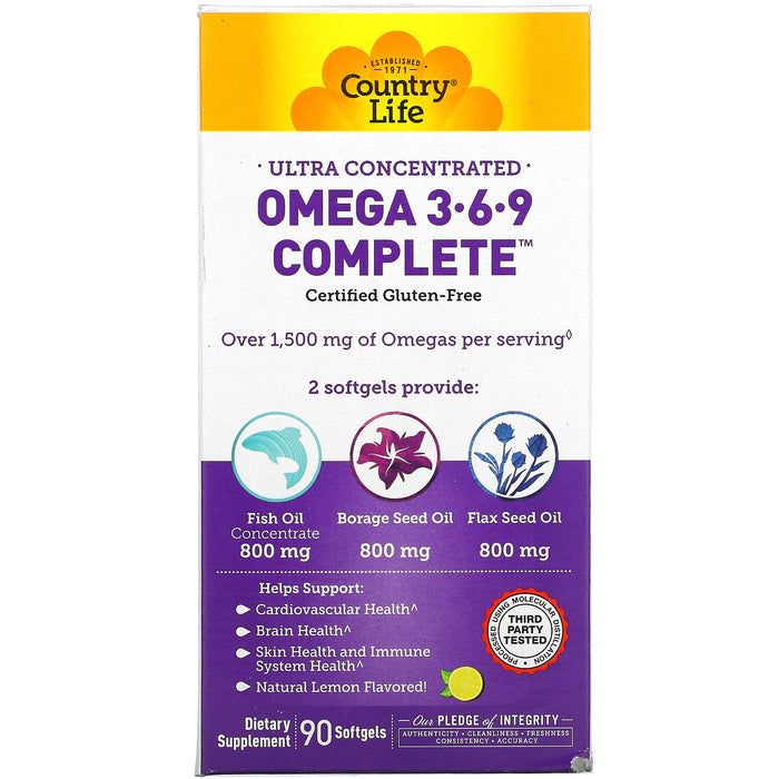 Country Life, Omega 3-6-9 Complete, Ultra Concentrated, Natural Lemon, 180 Softgels