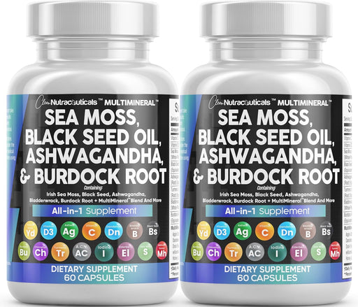 Sea Moss 3000Mg Black Seed Oil 2000Mg Ashwagandha 1000Mg Turmeric 1000Mg Bladderwrack 1000Mg Burdock & Vitamin C Vitamin D3 with Elderberry Manuka Dandelion Yellow Dock Iodine Chlorophyll ACV - 2Pack