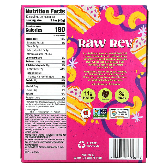 Raw Rev, Plant-Based Protein Bar, Birthday Cake, 12 Bars, 1.6 oz (46 g) Each