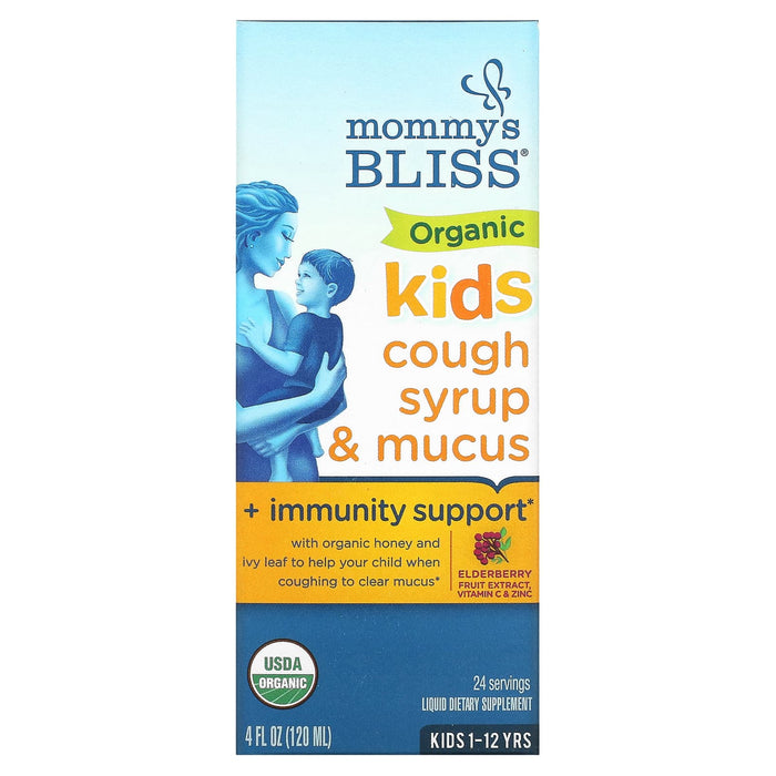Mommy's Bliss, Kids, Organic Cough Syrup & Mucus + Immunity Support, 1-12 Yrs, Elderberry, 4 fl oz (120 ml)