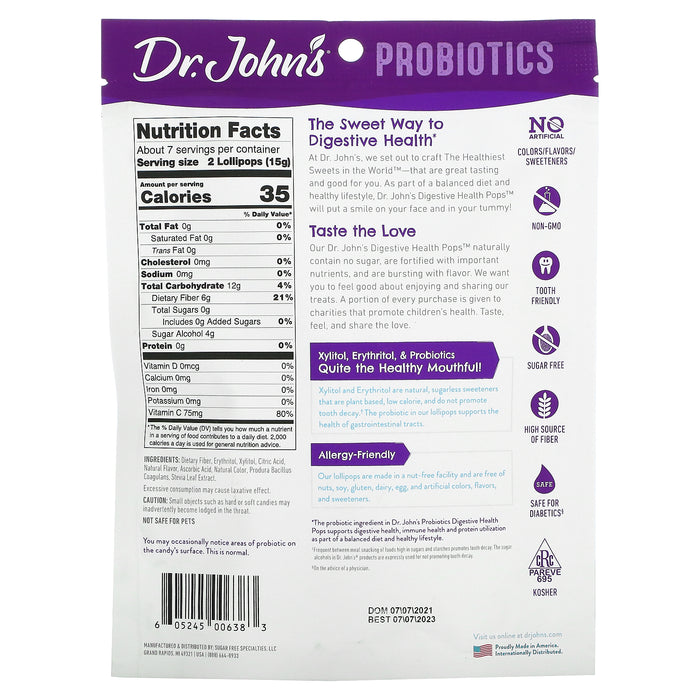 Dr. John's Healthy Sweets, Probiotics, Digestive Health Pops, + Fiber & Vitamin C, Strawberry, Peach & Apple, Sugar Free, 1 Billion, 14 Individually Wrapped Lollipops, 3.85 oz (109 g)