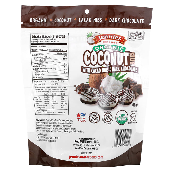 Jennies Macaroons, Organic Coconut Bites, with Cacao Nibs & Dark Chocolate, 5.25 oz (149 g)