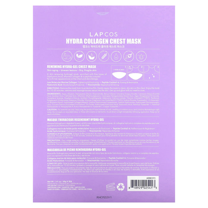Lapcos, Hydra Collagen, Renewing Hydra-Gel Chest Mask, 3 Sheets, 1.41 oz (40 g) Each