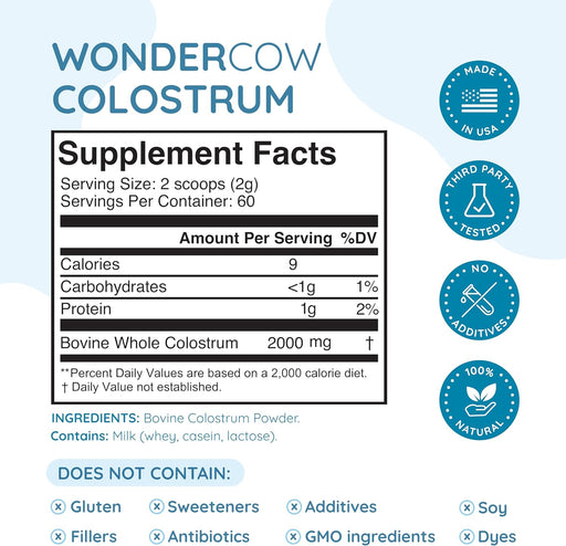 Colostrum Supplement Powder for Gut Health, Immune Support, Muscle Recovery & Wellness | Natural Igg Pure Whole Bovine Colostrum Superfood, Unflavored, 60 Servings