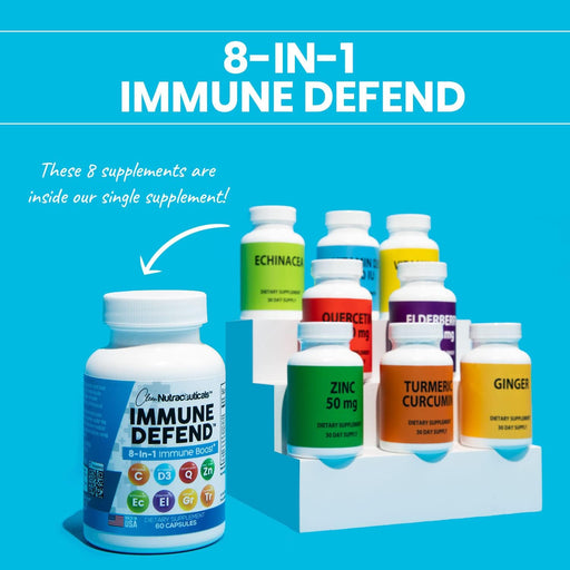 Clean Nutraceuticals Immune Defense Support Supplement 8 in 1 W/Zinc 50Mg Quercetin, VIT C 1000Mg, Vitamin D3 5000 IU, Elderberry, Turmeric, Echinacea, Immunity System Booster Adults Vegan, 60Ct (USA)