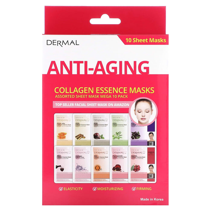 Dermal, Anti-Aging Collagen Essence Beauty Masks, Assorted, 10 Sheets, 0.81 oz (23 g) Each