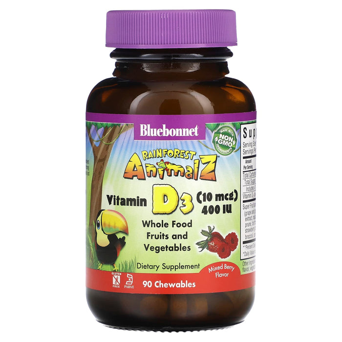 Bluebonnet Nutrition, Rainforest Animalz, Vitamin D3, Mixed Berry , 400 IU, 90 Chewables