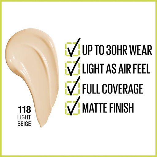 Maybelline Super Stay Full Coverage Liquid Foundation Active Wear Makeup, up to 30Hr Wear, Transfer, Sweat & Water Resistant, Matte Finish, Light Beige, 1 Count