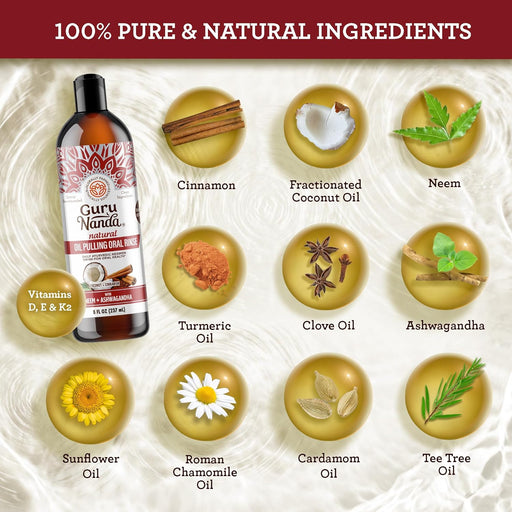 Gurunanda Ashwagandha Oil Pulling (8 Fl Oz) - 100% Pure Blend of Coconut with Essential Oils & Vitamins - Supports Healthy Teeth & Gums & Fresh Breath