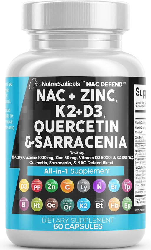 Clean Nutraceuticals NAC Supplement N-Acetyl Cysteine 1000Mg Vitamin D3 K2 Zinc Quercetin 1000Mg Sarracenia Purpurea 1000Mg with Elderberry Holy Basil Bee Propolis Bromelain L-Lysine - 60 Count