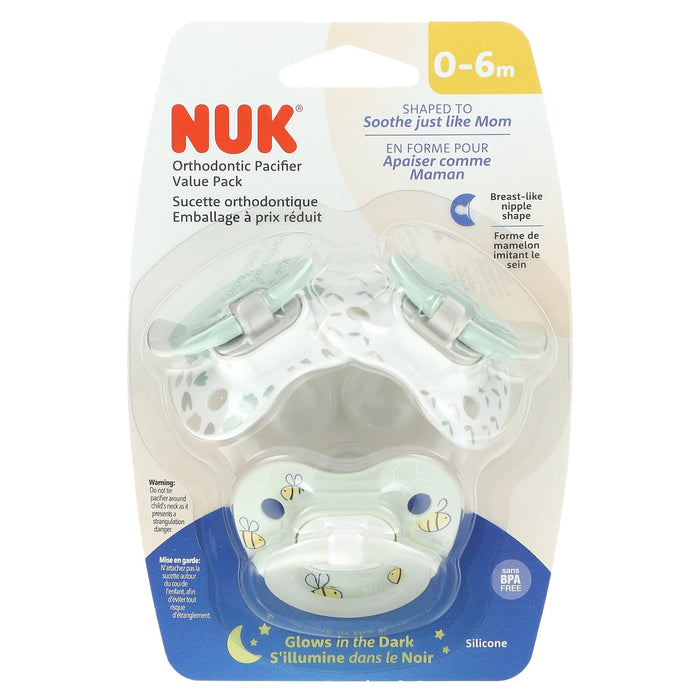 NUK, Glow in the Dark Orthodontic Pacifier, 0-6 Months, Green, 3 Value Pack