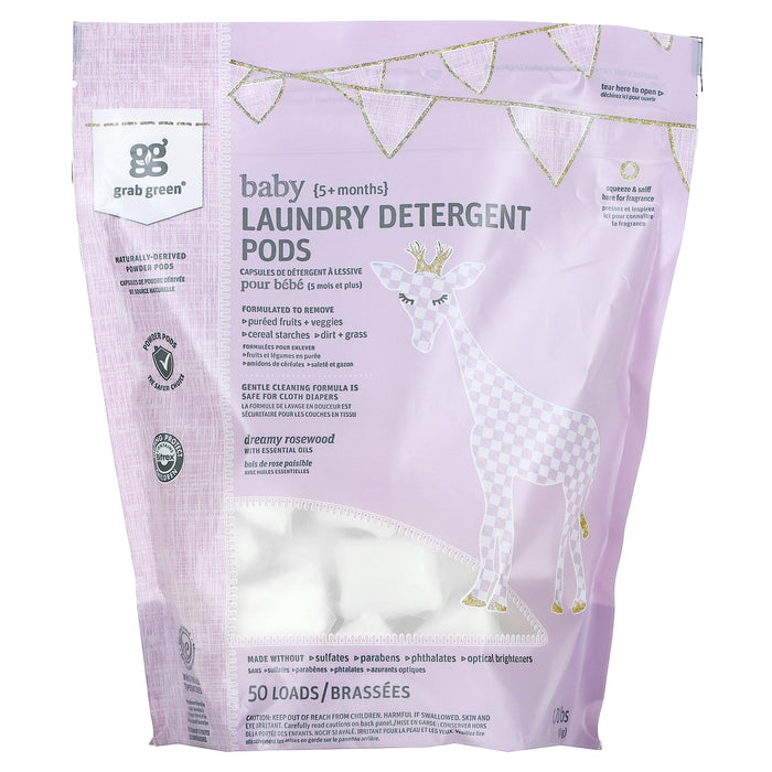 Grab Green, Laundry Detergent Pods, Baby, 5+ Months, Dreamy Rosewood with Essential Oils, 50 Loads, 1.76 lbs (800 g)