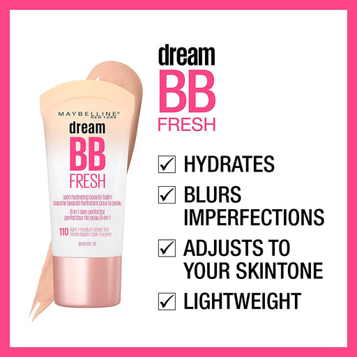 Maybelline Dream Fresh Skin Hydrating BB Cream, 8-In-1 Skin Perfecting Beauty Balm with Broad Spectrum SPF 30, Sheer Tint Coverage, Oil-Free, Medium, 1 Fl Oz