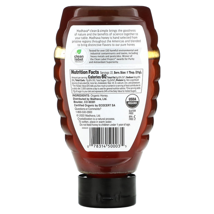 Madhava Natural Sweeteners, Organic Amber Honey, Unfiltered, 16 oz (454 g)
