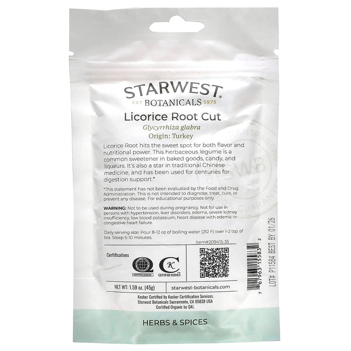 Starwest Botanicals, Certified Organic Licorice Root Cut, 1.59 oz (45 g)