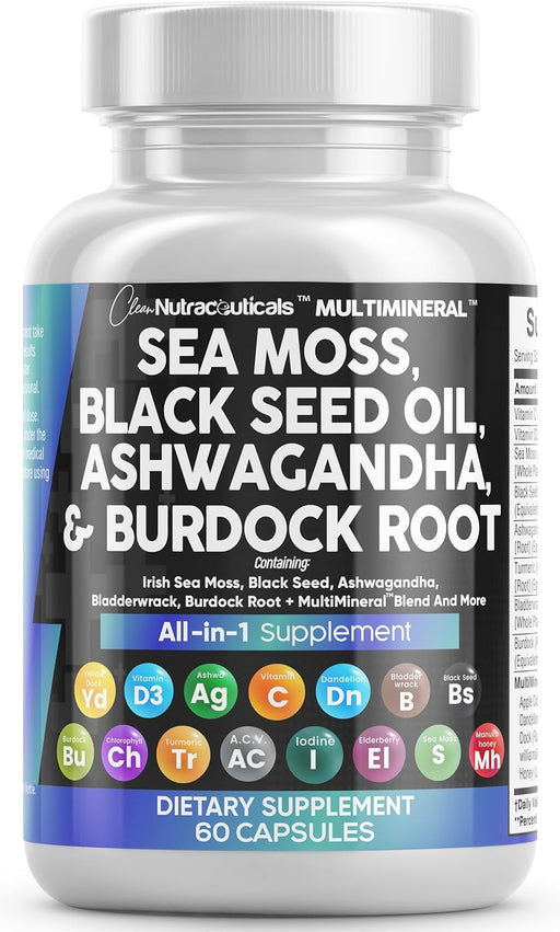 Sea Moss 3000Mg Black Seed Oil 2000Mg Ashwagandha 1000Mg Turmeric 1000Mg Bladderwrack 1000Mg Burdock 1000Mg & Vitamin C & D3 with Elderberry Manuka Dandelion Yellow Dock Iodine Chlorophyll ACV
