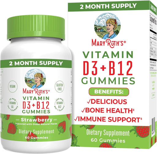Vegan Vitamin D3 + Vitamin B12 Gummies | 2 Month Supply | Supports Bone Health | Immune Support Supplement | Energy Supplements | Methyl B12 | Vegan | Non-Gmo | Gluten Free | 60 Servings