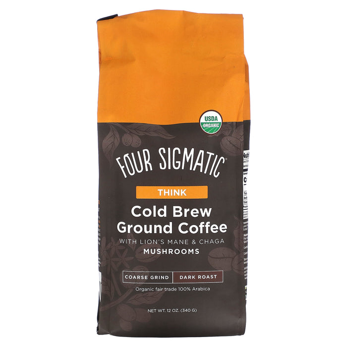 Four Sigmatic, Cold Brew Ground Coffee with Lion's Mane & Chaga Mushrooms, Think, Coarse Grind, Dark Roast, 12 oz (340 g)