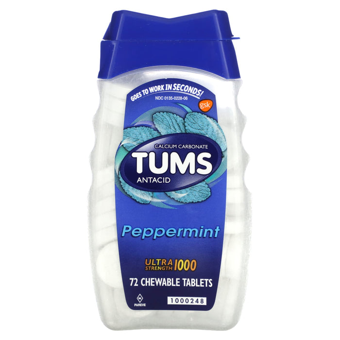 Tums, Calcium Carbonate Antacid, Peppermint, 1,000 mg, 72 Chewable Tablets