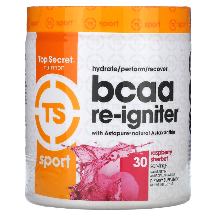 Top Secret Nutrition, Sport, BCAA Re-Igniter with Astapure Nautral Astaxanthin, Raspberry Sherbet, 9.80 oz (278 g)