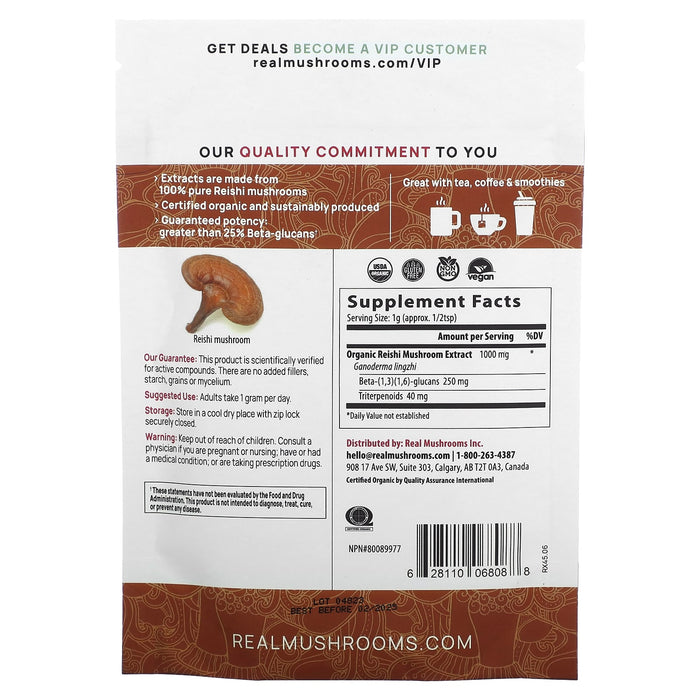 Real Mushrooms, Organic Mushroom Extract Powder, Reishi, 1.59 oz (45 gm)