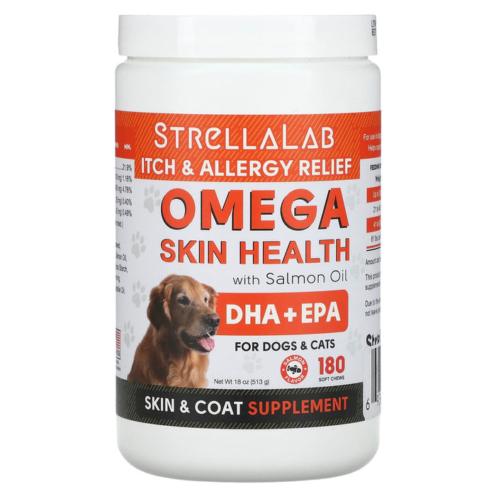 StrellaLab, Omega Skin Health With Salmon Oil, For Dogs & Cats, Salmon, 180 Soft Chews, 18 oz (513 g)