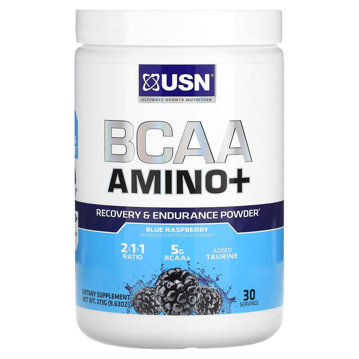 USN, BCAA Amino+, Recovery & Endurance Powder, Blue Raspberry, 9.63 oz (273 g)