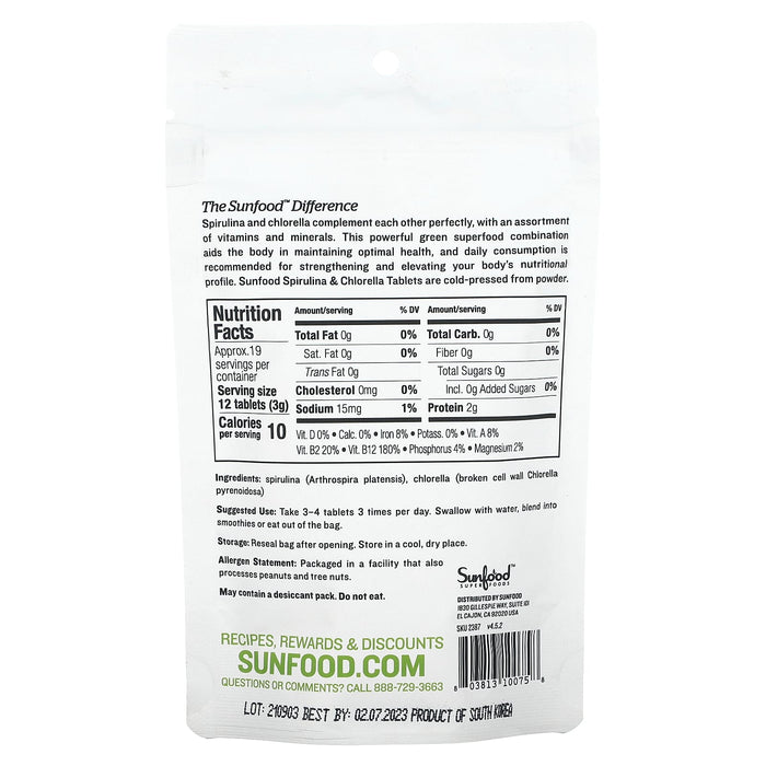 Sunfood, Spirulina & Chlorella, Super Algae Tablets, 250 mg, Approx. 228 Tablets, 2 oz (57 g)