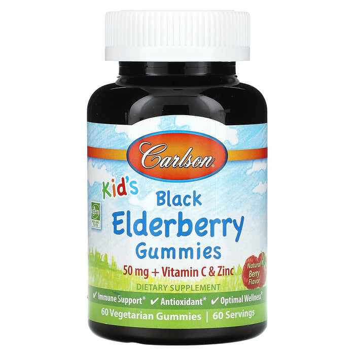 Carlson, Kid's Black Elderberry Gummies, Natural Berry, 50 mg, 60 Vegetarian Gummies